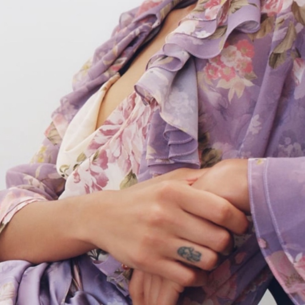 Zara Lavender Purple Pink Sheer Floral Ruffle Blouse Large
